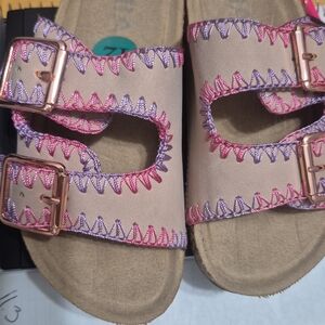 Beige Sandals with Pink and Purple Stitching